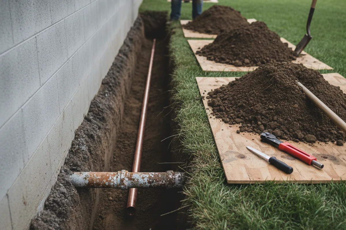 Excavated water line trench during Sewer Line Repair in Cedarville